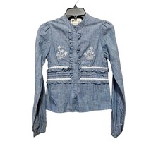 Anthropologie Kopal Button Up Prairie Peasant Embroidered Blouse Blue Si... - £18.59 GBP