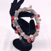 ✅ Silver Tone Red Enamel Heart Angel Bead Bracelet Charm Bangle Womens E... - £7.64 GBP