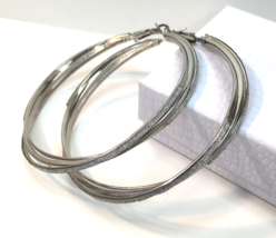Huge Silver Tone &amp; Silver Glitter Earrings 2.75&quot; Statement Jewelry Pierced Ears - £5.50 GBP