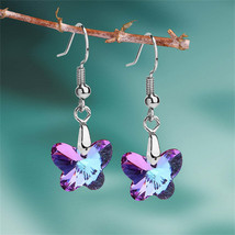 Pink &amp; Purple Crystal Silver-Plated Butterfly Drop Earrings - £10.38 GBP