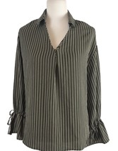She + Sky Womens Shirt Size M Medium Green Black Striped Long Bell Sleeve Blouse - £18.46 GBP