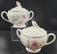 2 Lenox Butterfly Meadow Sugar Bowls &amp; Lids Set Flowers White Porcelain Dish Lot - £44.27 GBP