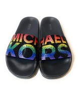 Michael Kors Women&#39;s Gilmore Rainbow Pride Pool Slide Sandal Black 6 - $94.76 CAD