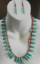 Vintage Turquoise &amp; Coral Necklace &amp; Earring Set 925 Sterling Silver Clasp - £66.19 GBP