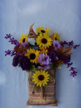 Fall Front Door Decor Burlap Sack W Yellow Sunflowers Purple Mums 20&quot; X 12&quot; - £19.74 GBP