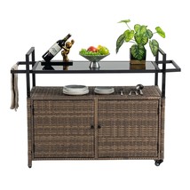 Wicker Bar Cart: Patio Rolling Wine Cart w/Glass Top - $4,740.64 MXN