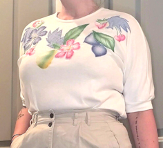 Koret Francisca White Floral Flowers Elbow Sleeve Shirt Adult Women&#39;s Large - $8.68