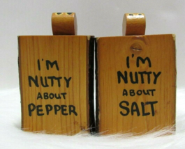 Vtg Wood Salt Pepper I&#39;m Nutty about Salt Nutty about Pepper Bark Cork plugs - £11.04 GBP