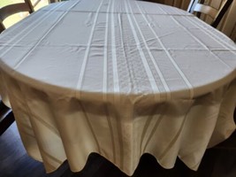 Vtg DAMASK Satin Striped TABLECLOTH Square Pale Yellow Holidays Christmas   - $15.00