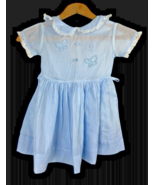 1950s Dress Little Girl Blue Peter Pan Collar Butterfly Applique 4 / 5 V... - £66.63 GBP