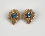 Vintage Baby Blue AB Rhinestones  Clip On Earrings Gold Tone Excellent c... - $29.69
