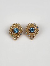 Vintage Baby Blue AB Rhinestones  Clip On Earrings Gold Tone Excellent c... - £23.36 GBP