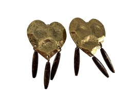 Vintage Metal Hammered Brass Heart Earrings Dangle Clip On 2.5&quot; Long 1.25&quot; Wide - £14.98 GBP