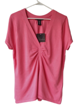 New Coral Pink V-Neck Ruched Knit Top Short Sleeve Stretch Rayon Casual Sz L - £11.96 GBP