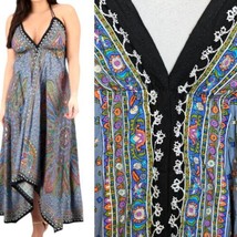 Womens Halter Hankerchief Dress Boho Assymetrical Hem Embroidered Fits M-XL - £26.91 GBP