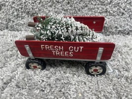 Christmas Trailer Wagon Fresh Cut Trees Red Metal Pull Behind Truck Deco... - £11.10 GBP