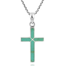 Colorful Cross of Faith Inlaid Green Turquoise .925 Sterling Silver Necklace - £17.53 GBP