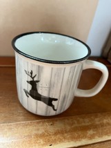 Eccolo World Traveler Faux Gray Wood w Plaid Leaping Reindeer Ceramic Coffee Cup - £9.83 GBP