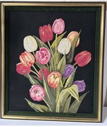 Vtg 90s Framed Embroidered Needlework Tulip Bouquet Wall Art Floral Flowers - $928.24 MXN
