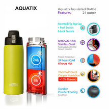 Aquatix Lime Green Insulated FlipTop Sport Bottle 21 ounce Pure Stainless Steel - £15.41 GBP