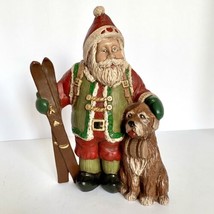 Santa Skis Rescue Dog Statue Figure Christmas Holiday Winter 8.5&quot;H Ceramic - £35.93 GBP