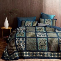 3pc. Navy Blue Yellow Patchwork Cotton Queen Size Handmade Quilt Cover Set - $212.00