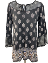 Lucky Brand Black with Tan Floral Print Peasant Knit Top, Women&#39;s Size M - £8.21 GBP