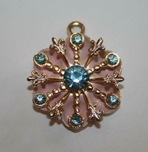 Vintage 3D Pink Enamel Gold Tone Aqua Crystal Snowflake Pendant  J365 - £19.14 GBP