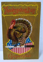 Thanksgiving Postcard Patriotic Turkey Stands On Carving Knife US Flag 1908 - £8.94 GBP