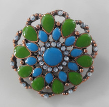 Vintage, Beautiful, Copper, Glass, and Rhinestone Pin / Brooch - Flower ... - £6.25 GBP
