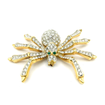 TARANTULA gold-tone rhinestone brooch - huge 3&quot; green-eyed spider bug in... - $35.00