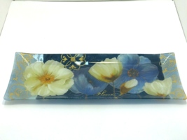 Serving Tray Prima Design Floral Glass Platter Blue, Creme, and Gold Color - £11.66 GBP
