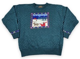 Vtg 80s Eddie Bauer Teal Winter Sleigh Snow Scene Wool Pullover Sweater Sz L - £39.41 GBP