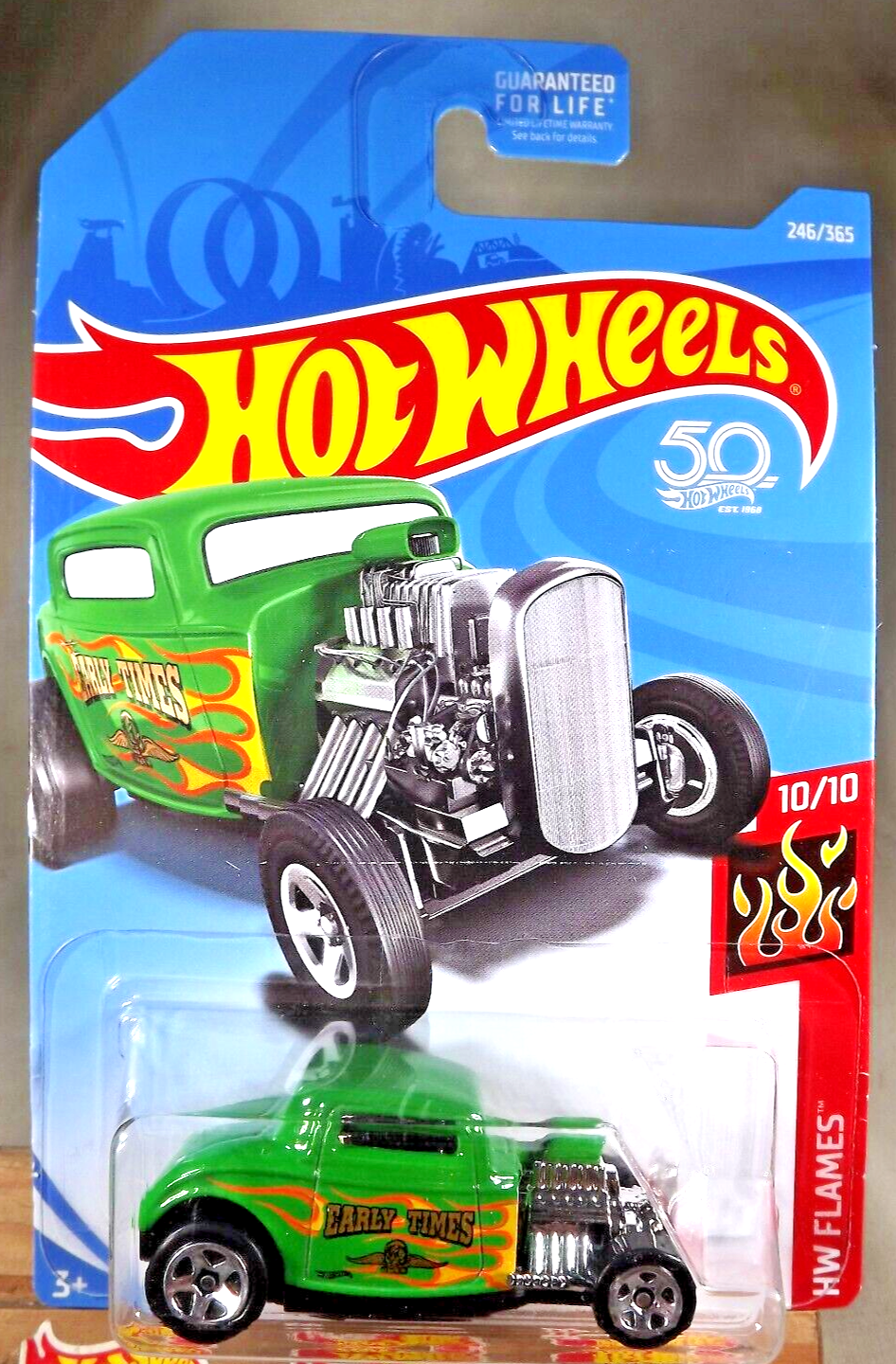 2018 Hot Wheels #246 HW Flames 10/10 '32 FORD Green w/Chrome 5 Spoke Wheels