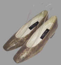 Stuart Weitzman Gold Black Reptile Pumps Low Heel Shoes 6.5 SS Narrow Square Toe - £8.69 GBP