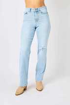 Judy Blue Light Blue High Waist Distressed Straight Jeans - £43.24 GBP