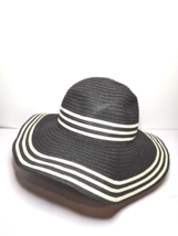 Sun Hat Floppy Foldable Black White Stripes Wide Brim Summer Beach  Woven Work - £15.89 GBP