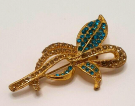 Gold-Tone Blue and Clear Rhinestones Brooch/Pin Vintage - £11.60 GBP