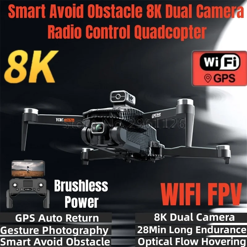 Smart Avoid Obstacle 8K Dual Camera RC Drone GPS FPV Brushless Power Optic - £143.09 GBP+