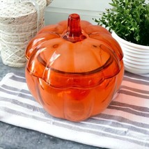 Orange Glass Pumpkin Jar Anchor Hocking Canister Shape Cookie Candy Dish READ - £25.96 GBP