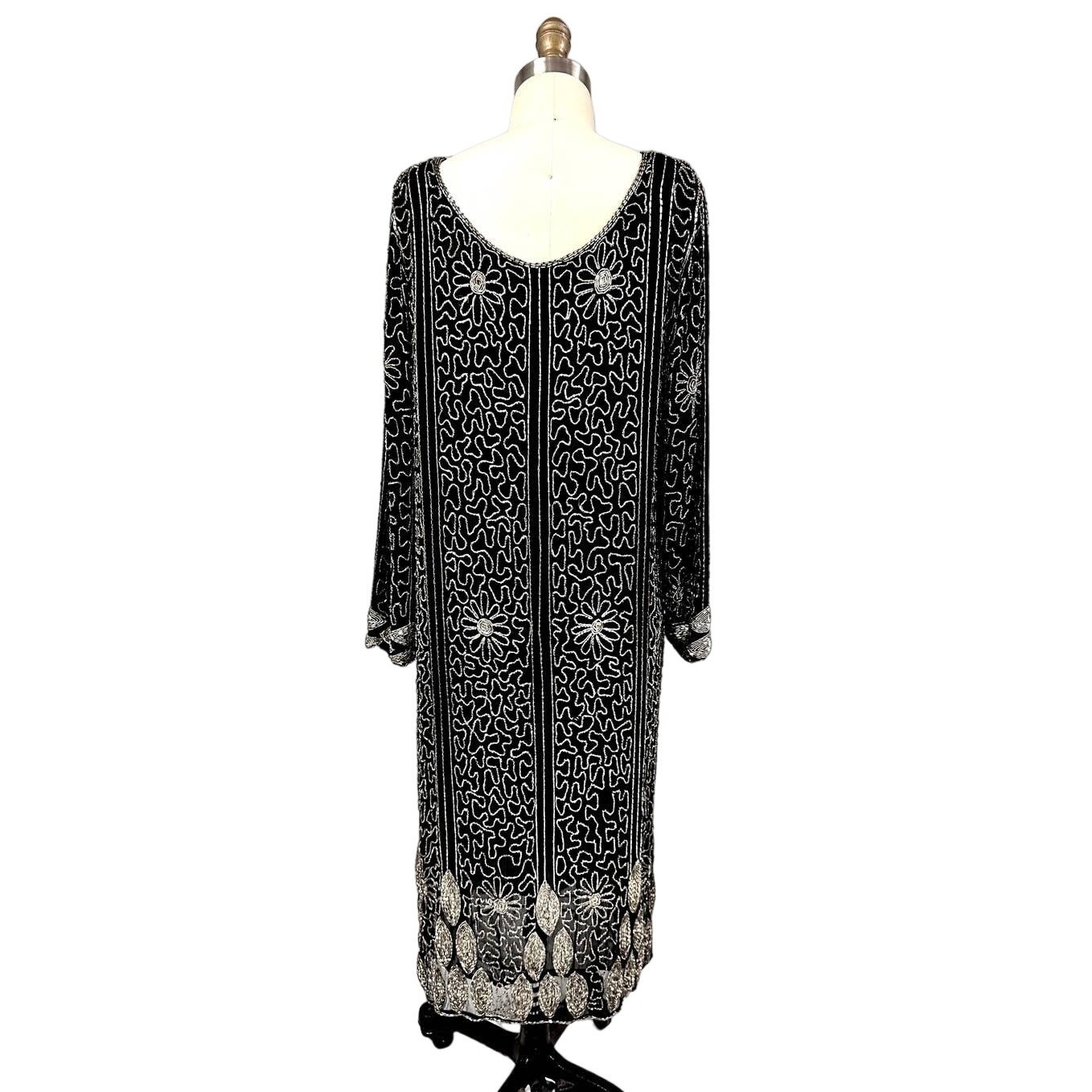 VTG 80s Saks Fifth Ave Black Silk Beaded Dress M Art Deco Flapper 20s Revival Item image 6