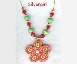 Fun Polymer Clay Pendant Necklaces Red Green Flower - £14.38 GBP