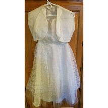 Vintage Lace Satin Ivory Cream Formal Wedding Dress Knee Length Strapless Jacket - £40.05 GBP