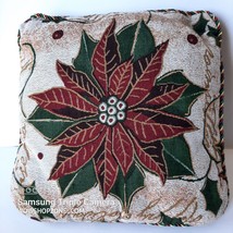Vintage Tapestry Christmas Holiday Design Pillow Accent Throw Cushion Poinsettia - £21.84 GBP