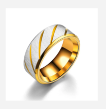Gold With Silver Stripe Pattern Stainless Steel Ring 5 6 8 9 10 11 12 13 14 - £31.96 GBP