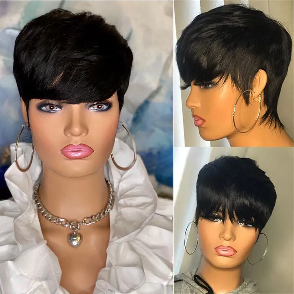 Pixie cut Straight Human Hair Short Bob Wig Cheap Remy Human Hair perruq - £20.79 GBP+