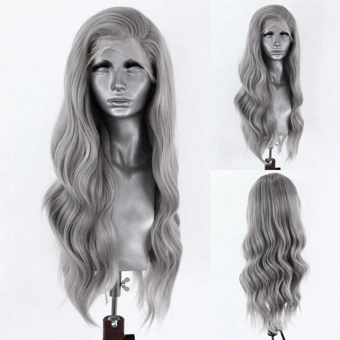 AIMEYA Silver Grey Body Wave Wig Synthetic Lace Front Wigs for Women Natur - £54.33 GBP