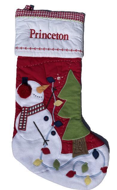 Primary image for Pottery Barn Quilted Snowman w/ Tree Christmas Stocking Monogrammed PRINCETON