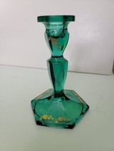 Vintage Fenton Glass Emerald Green Candle Holder Gold Accents - £40.75 GBP