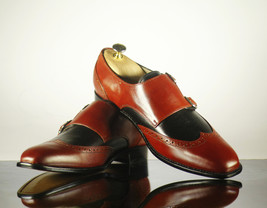 Handmade Men Burgundy Black Wing Tip Leather Monk Strap Shoes, Men Designer Shoe - £114.57 GBP